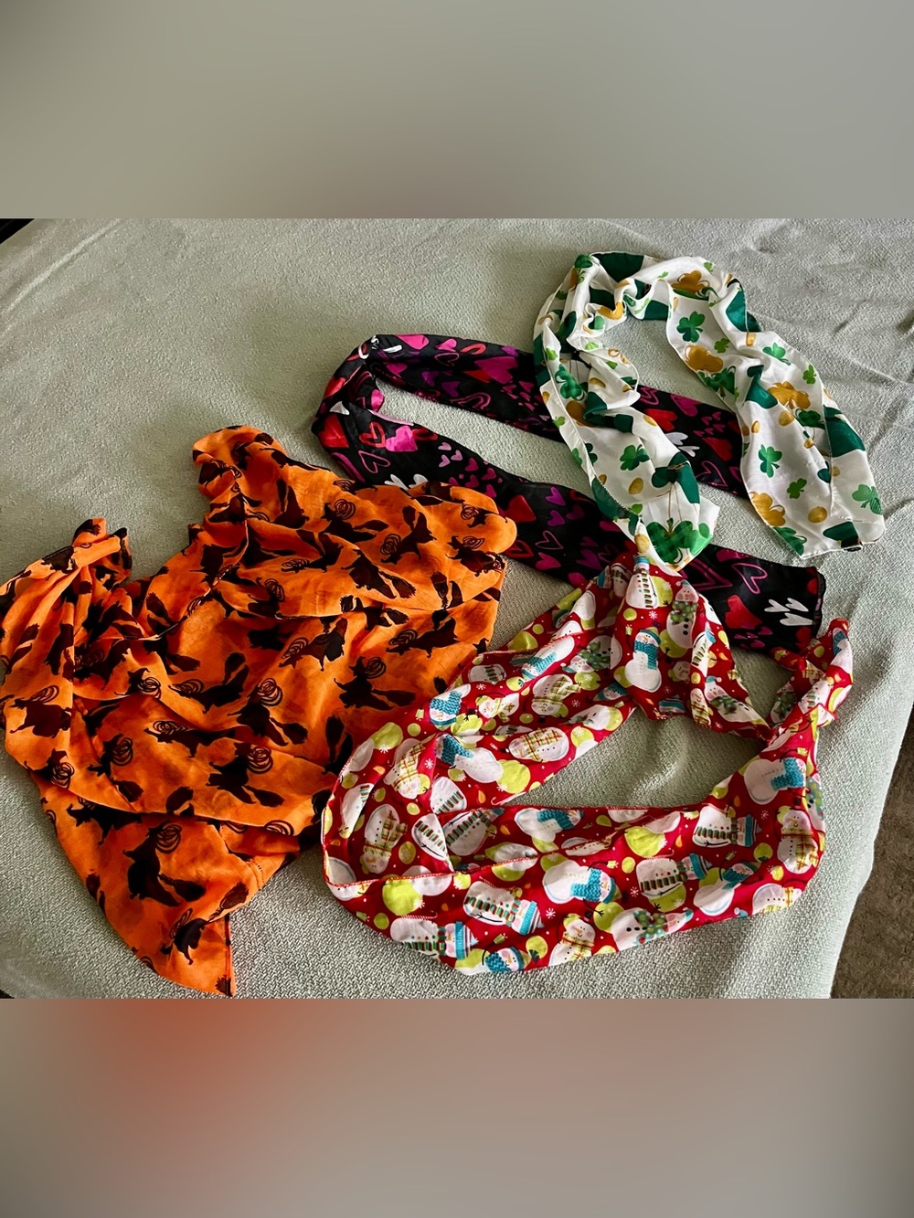 Lot of Holiday Scarves
St Pat’s Day, Christmas, Valentine’s Day and Halloween